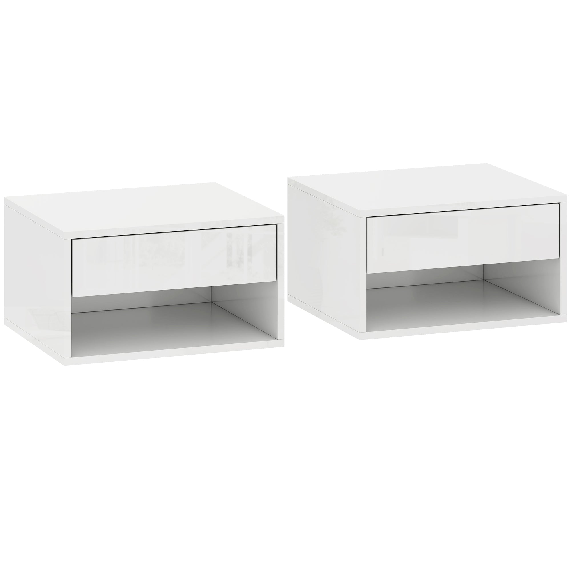 HOMCOM Set of Two Floating Bedside Tables, Wall Mounted Nightstand with Drawer and Open Shelf, High Gloss White 