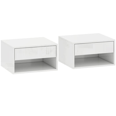 HOMCOM Set of Two Floating Bedside Tables, Wall Mounted Nightstand with Drawer and Open Shelf, High Gloss White 