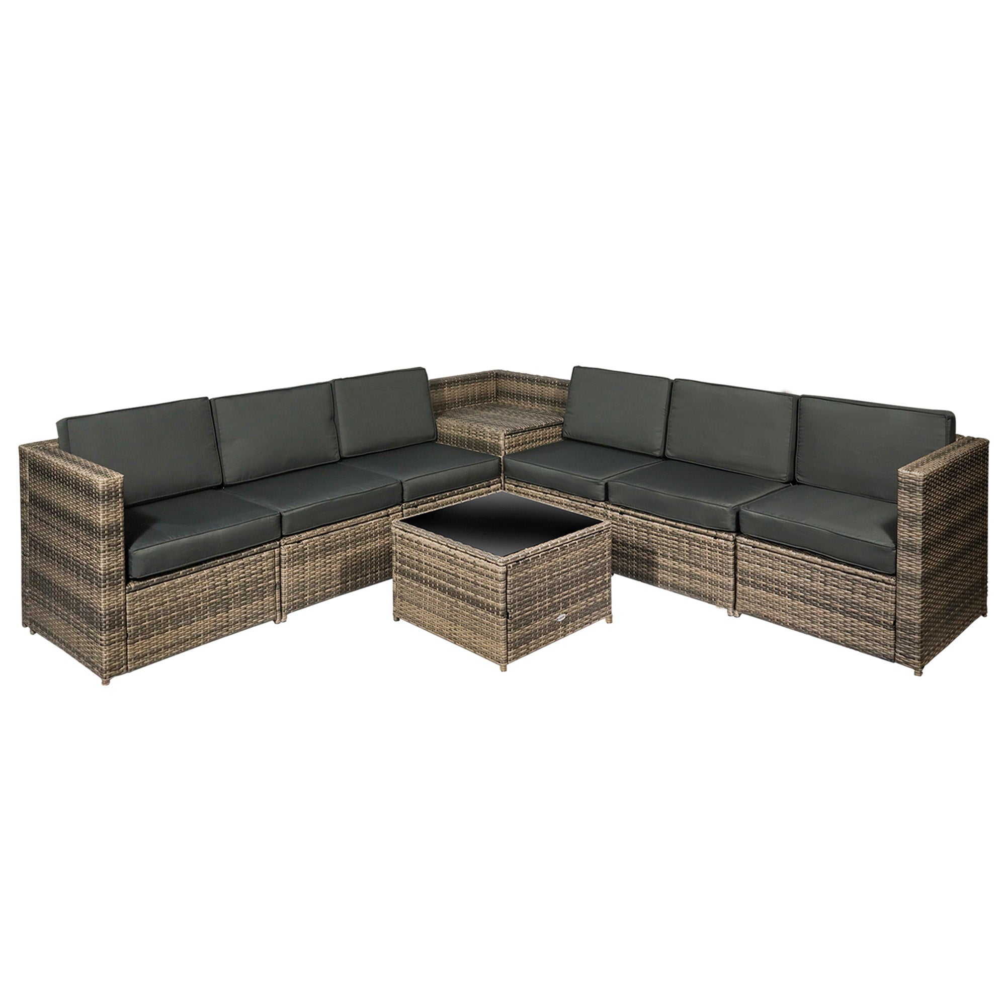 Outsunny 8 Pieces Outdoor PE Rattan Sofa Set with Cushions, Patio Garden Furniture Sets with Glass Top Coffee Table, Storage Corner Table, Mixed Brown 