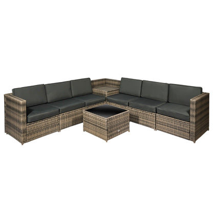 Outsunny 8 Pieces Outdoor PE Rattan Sofa Set with Cushions, Patio Garden Furniture Sets with Glass Top Coffee Table, Storage Corner Table, Mixed Brown 