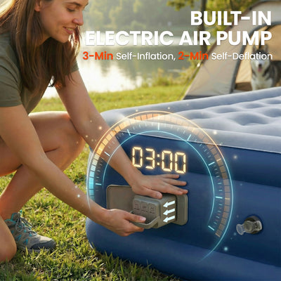 Outsunny Inflatable Mattress, Double Air Bed with Built-in Electric Pump, 3 Mins Inflation, Flocked Surface, Grey 