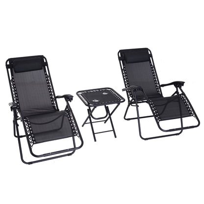 Outsunny Folding Zero Gravity Chairs, 3 Pieces Adjustable Sun Lounger and Table Set with Cup Holder and Headrest, Bistro Set with Reclining Garden Chairs for Patio, Black 