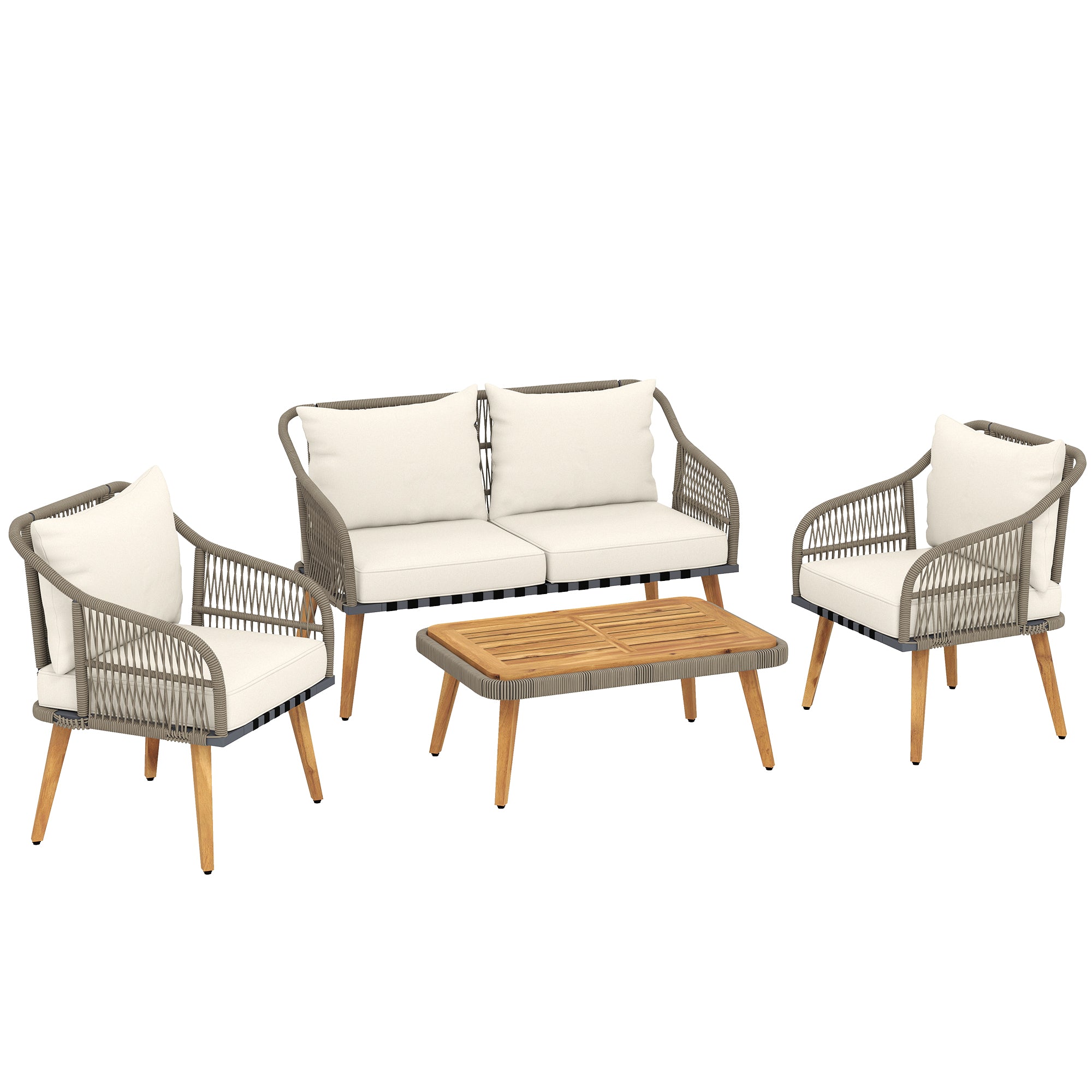 Outsunny 4 Piece Rattan Garden Furniture Set with Loveseat, Armchairs, Wood Table, Wicker Patio Conversation Set, Cream White 