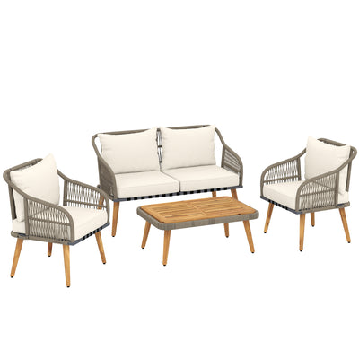 Outsunny 4 Piece Rattan Garden Furniture Set with Loveseat, Armchairs, Wood Table, Wicker Patio Conversation Set, Cream White 