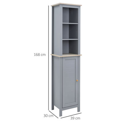 kleankin Bathroom Floor Storage Cabinet with 3 Tier Shelf and Cupboard with Door, Free Standing Linen Tower, Tall Slim Side Organizer Shelves, Grey 