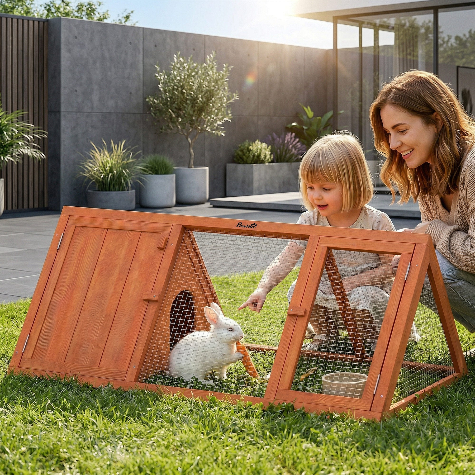 PawHut Rabbit Hutch, Wooden Guinea Pig Hutch with Run and Doors, Outdoor Triangle Bunny House for Rabbits,Duck and Chicken 