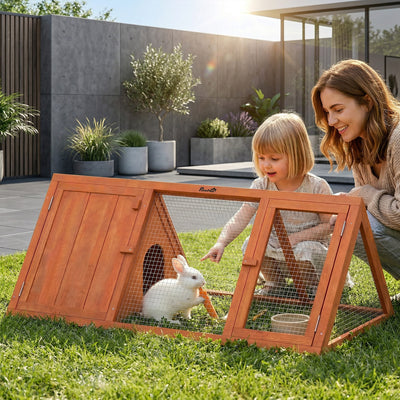 PawHut Rabbit Hutch, Wooden Guinea Pig Hutch with Run and Doors, Outdoor Triangle Bunny House for Rabbits,Duck and Chicken 