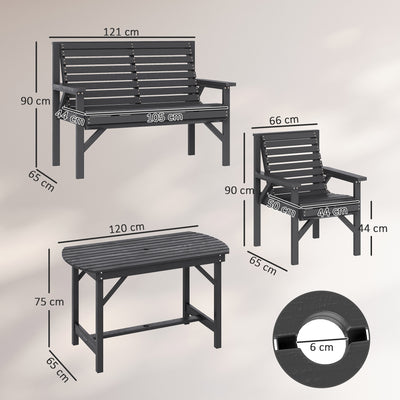 Outsunny 5 Piece Wooden Garden Dining Set for 6, Outdoor Conversation Set with 2 Armchairs, 2 Loveseats and Dining Table with Umbrella Hole for Patio, Balcony, Grey 