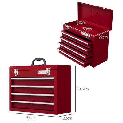 DURHAND Lockable Metal Tool Box, 4 Drawer Tool Chest with Latches, Handle, Ball Bearing Runners, Red 