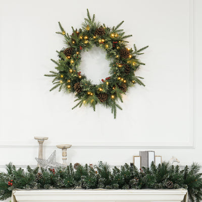 HOMCOM 60" Cone and Berry Christmas Wreath, with LED Lights 