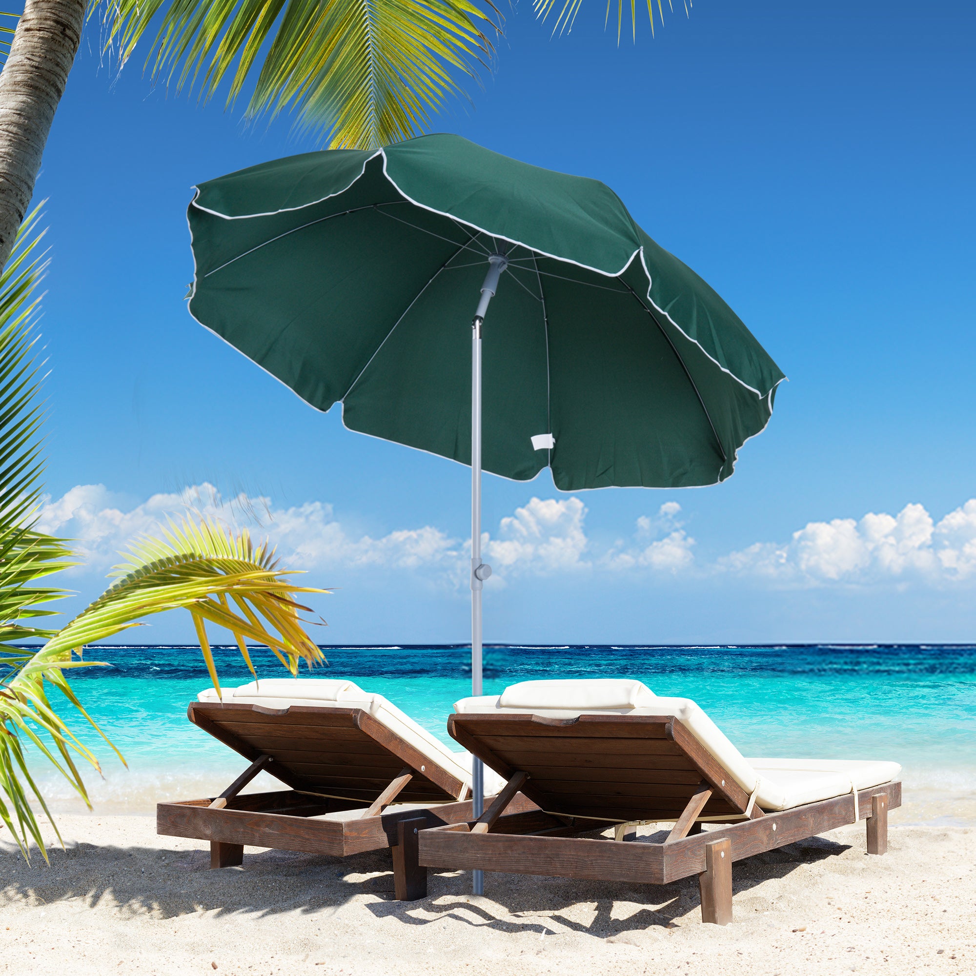 Outsunny 2.2m Beach Umbrella, Portable Parasol with Tilting Function, Outdoor Sunshade Shelter with 8 Ribs, Green 