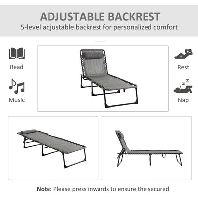 Outsunny Portable Sun Lounger Set of 2, Folding Camping Bed Cot, Reclining Lounge Chair 5-position Adjustable Backrest with Side Pocket, Pillow for Patio Garden Beach Pool, Mixed Grey 