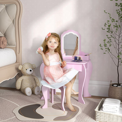 ZONEKIZ Kids Vanity Table with Mirror, Stool, Drawer, Storage Boxes, Cloud Design, for Ages 3-6 Years - Pink 