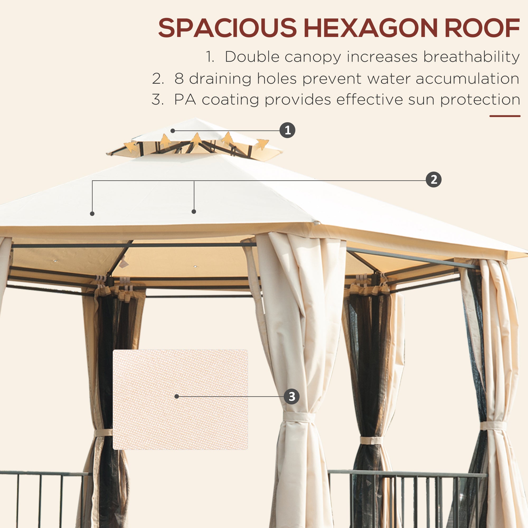 Outsunny 3 x 3(m) Hexagon Gazebo Patio Canopy Party Tent Outdoor Garden Shelter w/ 2 Tier Roof & Side Panel - Beige 