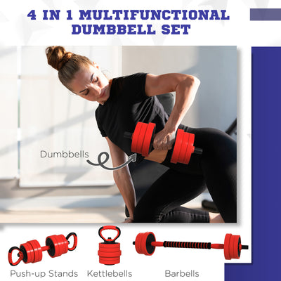 SPORTNOW 20kg Four-In-One Adjustable Weight Dumbbells Set, Barbell, Kettlebell, Push Up Stand - Red 