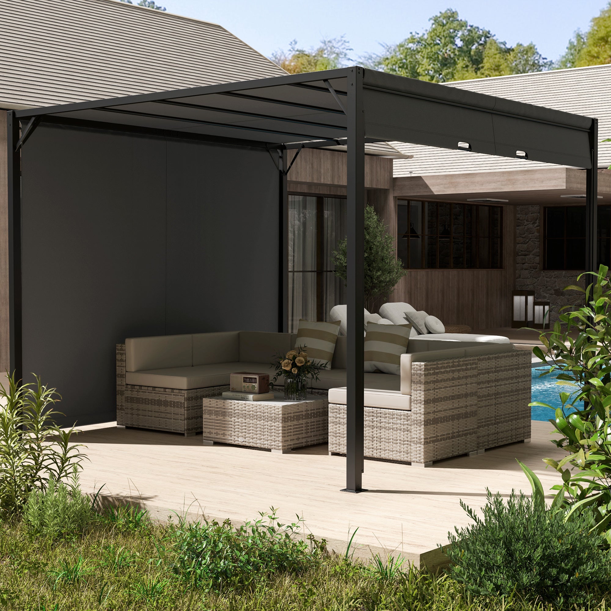 Outsunny 3 X 3 Meters Pergola with Retractable Roof, Garden Gazebo with Adjustable Sun Shade Canopy and Steel Frame, Charcoal Grey 