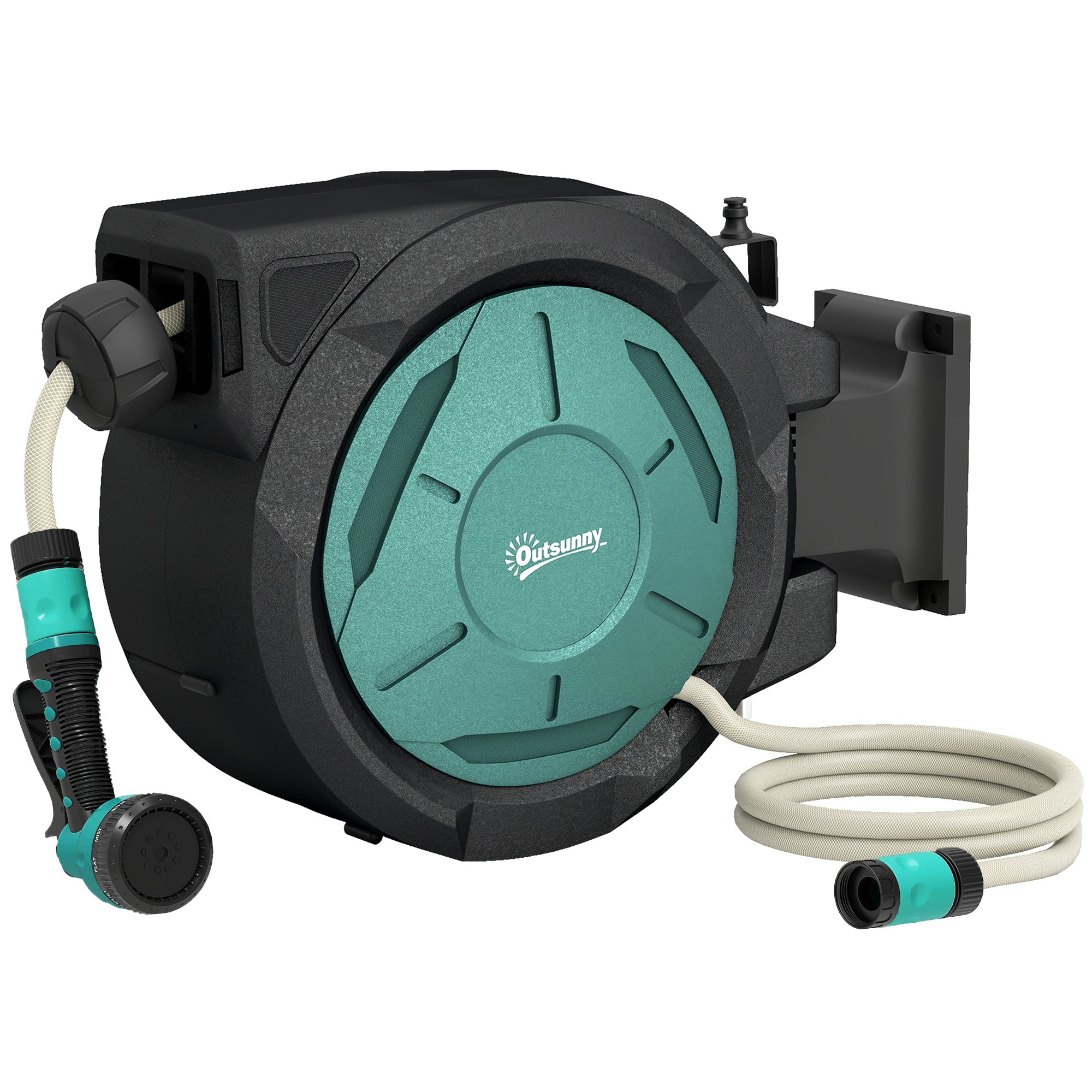 Outsunny Retractable Hose Reel Wall Mounted, 20+2m Garden Hose Pipe Reel with Lock, Auto Rewind, 7 in 1 Spray Nozzle, Includes Wall Fixings, 180° Swivel, Outdoor Watering, 54 x 20 x 39 cm, Black 