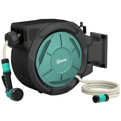 Outsunny Retractable Hose Reel Wall Mounted, 20+2m Garden Hose Pipe Reel with Lock, Auto Rewind, 7 in 1 Spray Nozzle, Includes Wall Fixings, 180° Swivel, Outdoor Watering, 54 x 20 x 39 cm, Black 