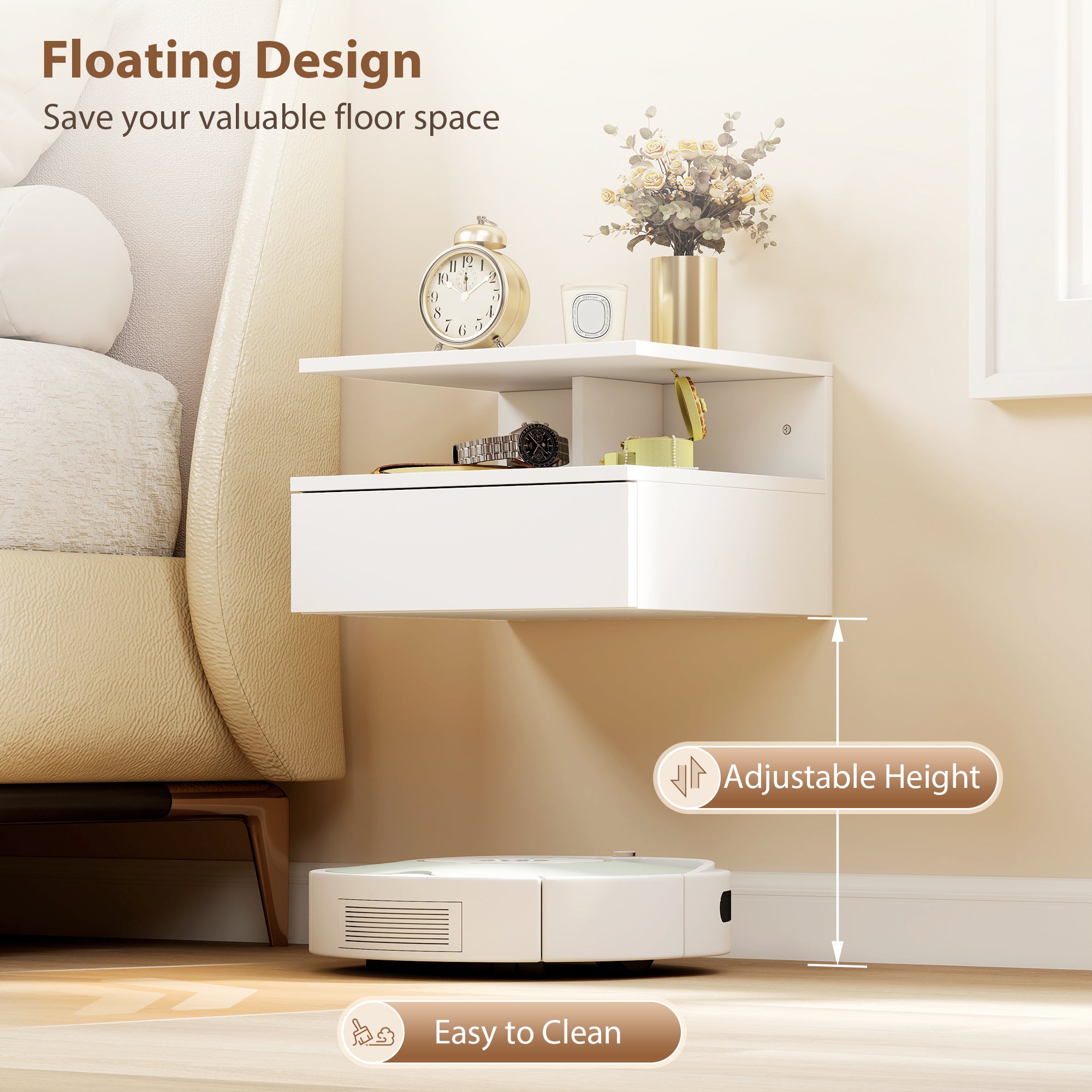 HOMCOM Set of Two Floating Bedside Tables - White 