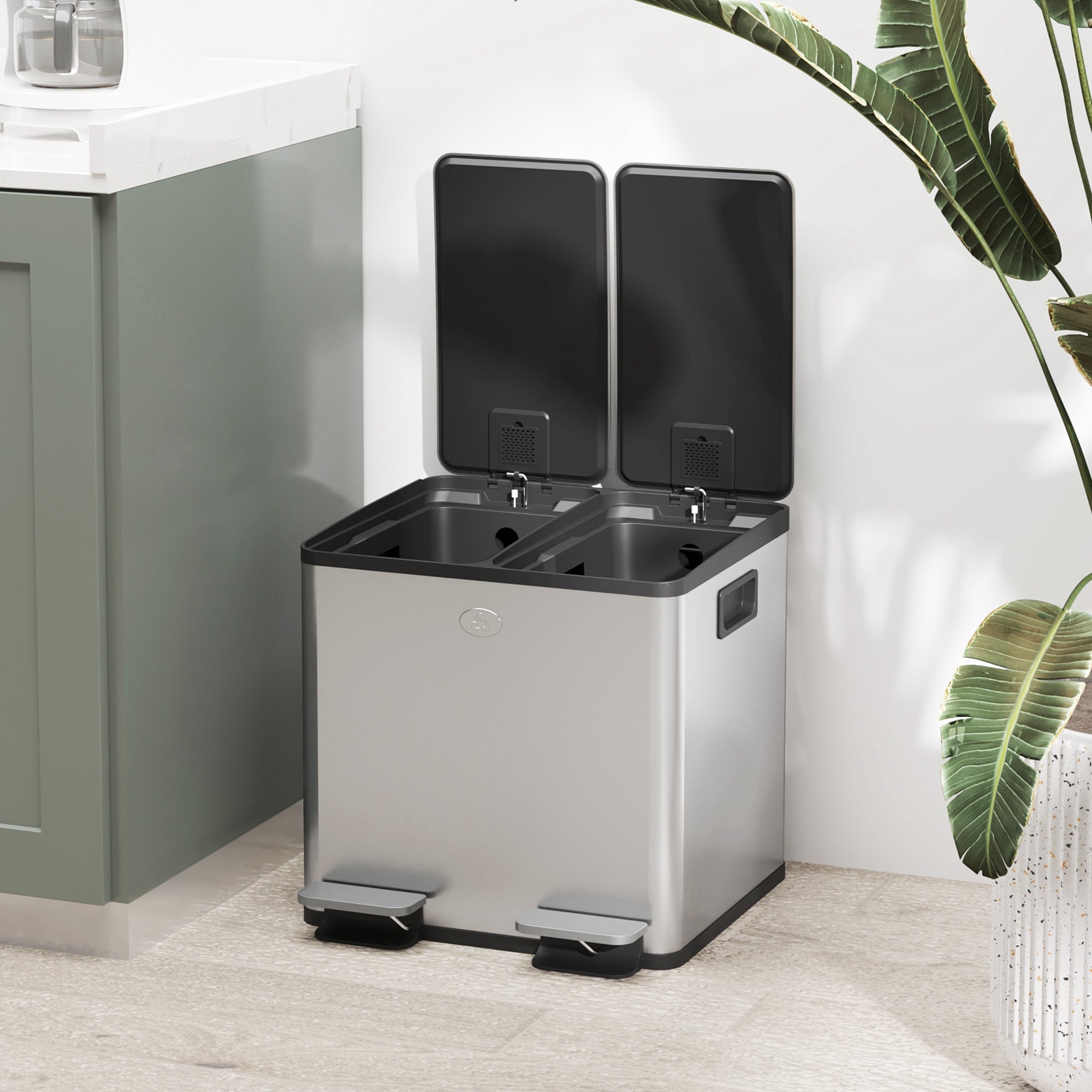 HOMCOM 30L Dual Compartment Stainless Steel Bin, with Deodoriser Holders - Silver Tone 