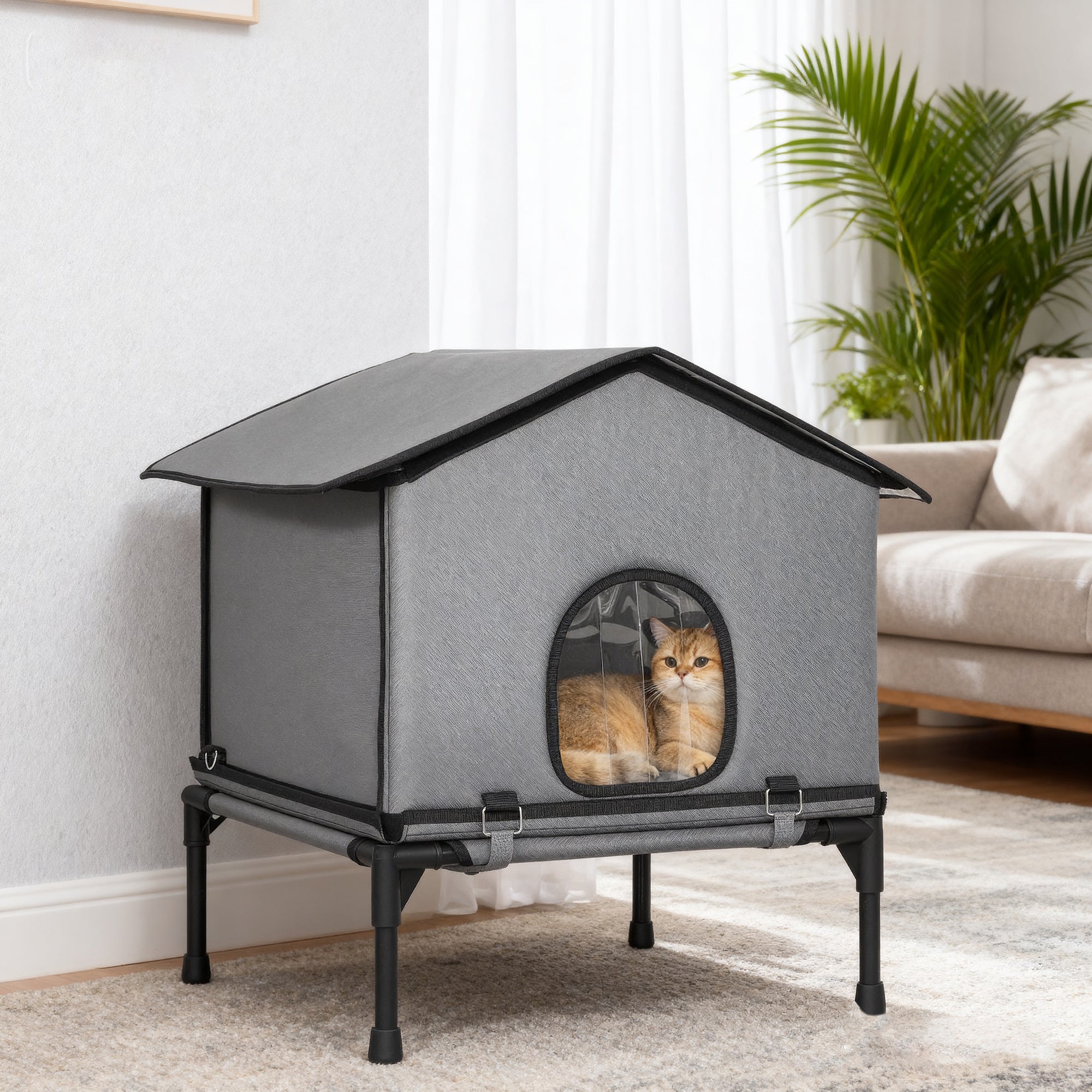 PawHut Outdoor Cat House, Waterproof Insulated Cat Kennel with Elevated Base, Foldable Feral Kitty Shelter for Kittens, Grey 