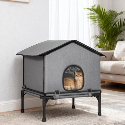 PawHut Outdoor Cat House, Waterproof Insulated Cat Kennel with Elevated Base, Foldable Feral Kitty Shelter for Kittens, Grey 