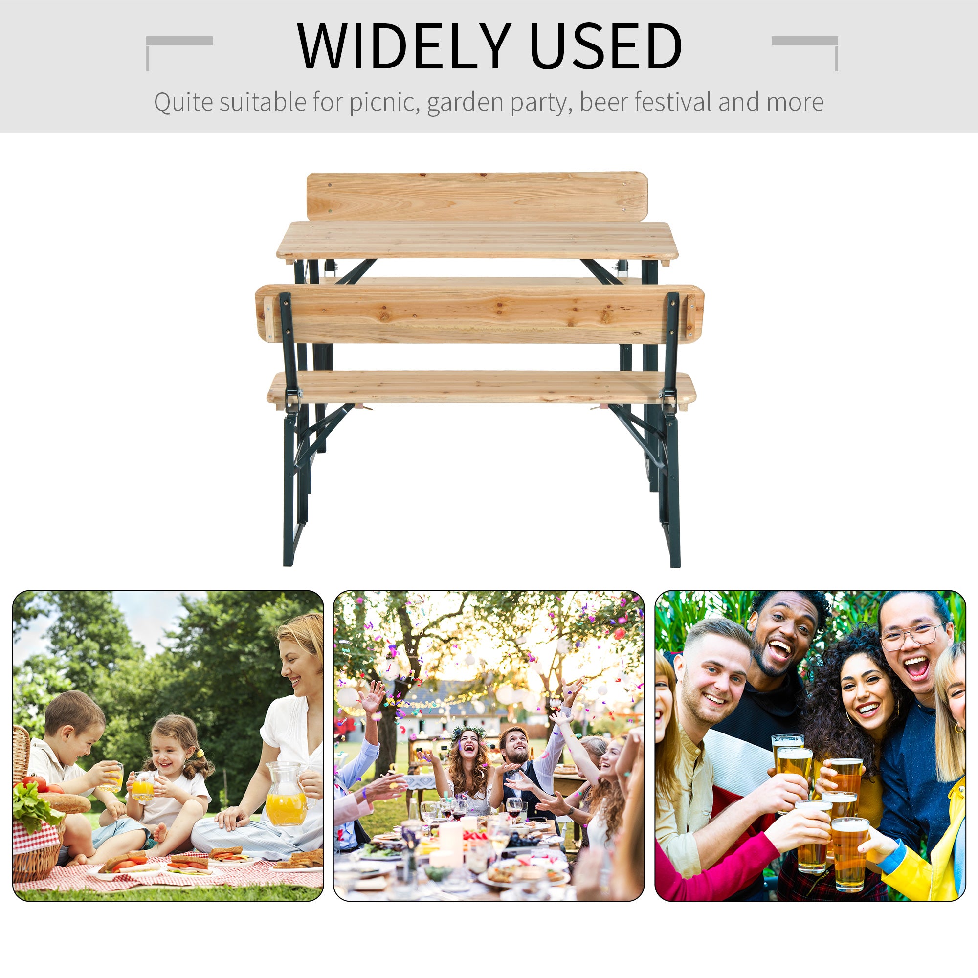 Outsunny Portable Folding Camping Picnic Trestle Beer Table and 2 Bench Set Wooden Garden Furniture Patio Dining Party BBQ Chairs Stools 