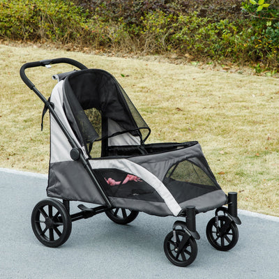 PawHut Easy Folding Pet Stroller for Large Dogs with 4 Big Wheels, Shock Absorb Frame, Safety Leashes, Brakes, Dark Grey 