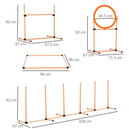 PawHut Dog Agility Equipment Pet Training Set with Adjustable Height Jump Ring Hurdle Whistle Weave Poles Square Pause Box Carry Bag 