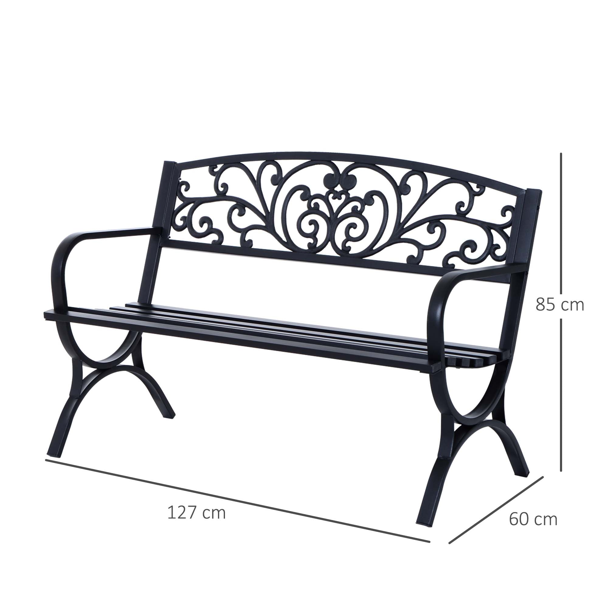 Outsunny 127L x 60W x 85H cm Powder Coated Garden Bench for Patio Backyard, Steel-Black 