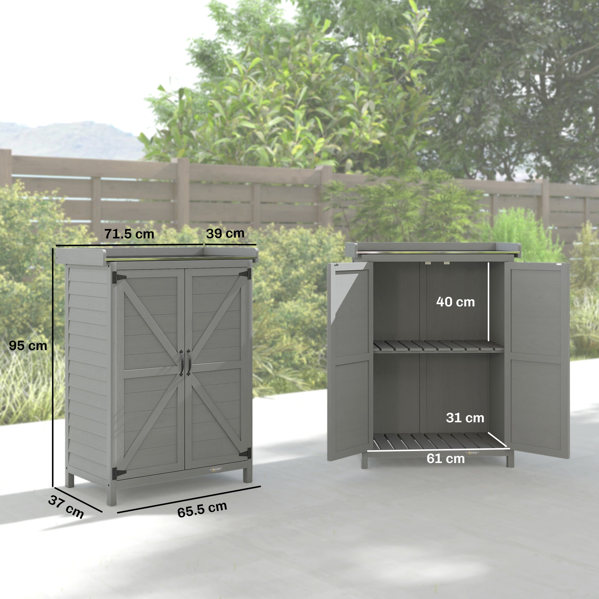 Outsunny Wooden Garden Shed, Garden Tool Storage Shed with Shelf and Side Hooks, 71.5 x 39 x 95 cm, Grey 