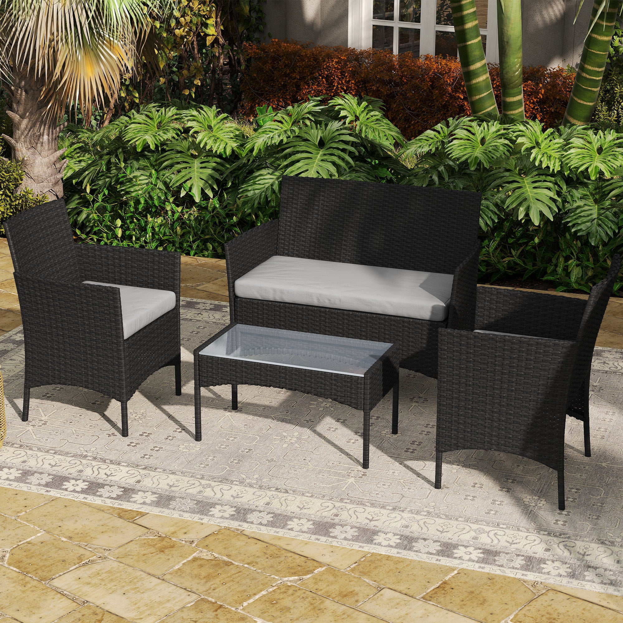 Outsunny 4 Piece Rattan Garden Furniture Sofa Set with Loveseat, Armchairs, Glass-Top Coffee Table and Cushions, Black 