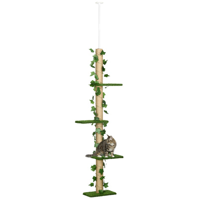 PawHut 242cm Adjustable Floor-To-Ceiling Cat Tree, with Artificial Decoration, Perches, Anti-Slip Kit - Green 