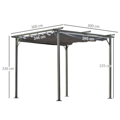 Outsunny 3 x 3(m) Metal Pergola with Retractable Roof, Garden Gazebo Metal Pergola Canopy. Outdoor Sun Shade Shelter for Party BBQ, Grey 