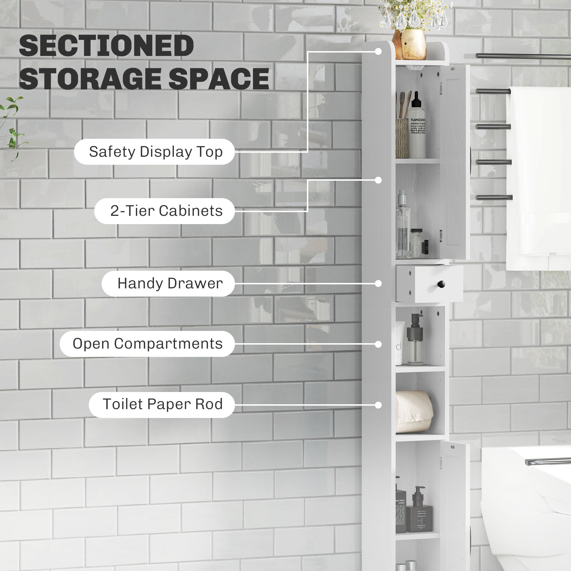 HOMCOM Tall Bathroom Cabinet, Farmhouse Slim Bathroom Storage Cabinet with Barn Doors, Toilet Paper Roll Holder, Drawer and Adjustable Shelves, Narrow Bathroom Storage Unit, 20 x 20 x 185cm, White 