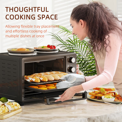 HOMCOM 28L Mini Oven with 2 Hot Plates, Countertop Toaster Oven, Grill, Roast, Bake, Boil, with Timer, Adjustable Temperature, Electric Oven with Baking Tray, Grill Rack, Crumb Tray, 2600W, Black 