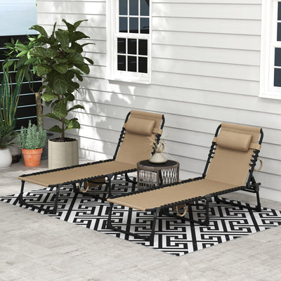 Outsunny Portable Sun Lounger Set of 2, Folding Camping Bed Cot, Reclining Lounge Chair 5-position Adjustable Backrest with Side Pocket, Pillow for Patio Garden Beach Pool, Beige 