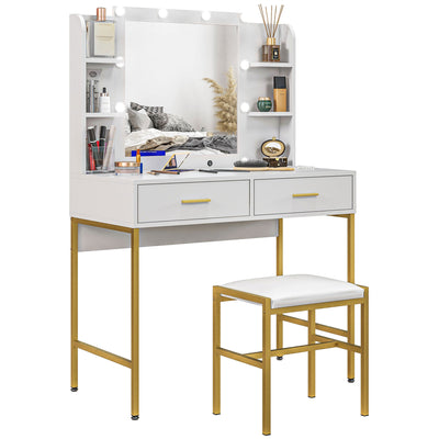 HOMCOM Dressing Table with Lighted Mirror, Cushioned Stool, Drawers, Shelves, LED Makeup Vanity Desk Set, Modern Dresser Vanity Table for Bedroom, White 