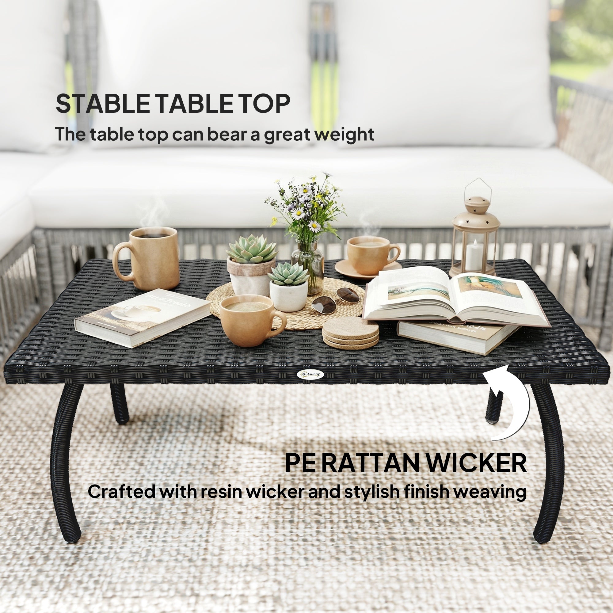 Outsunny PE Wicker Rattan Garden Coffee Table - Black 