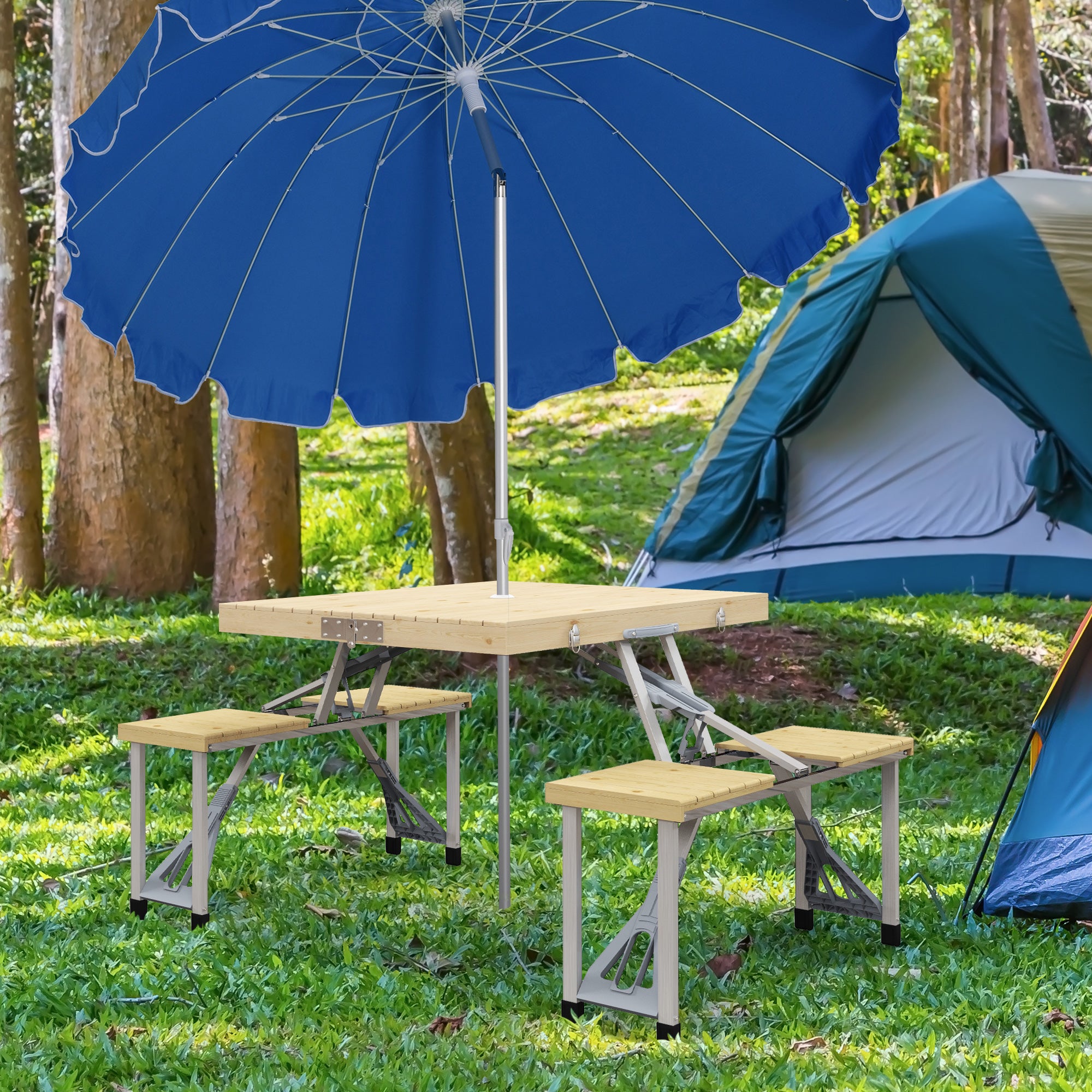 Outsunny Aluminium Frame Folding Picnic Table, Portable Camping Table and Chairs Set with Umbrella Hole 