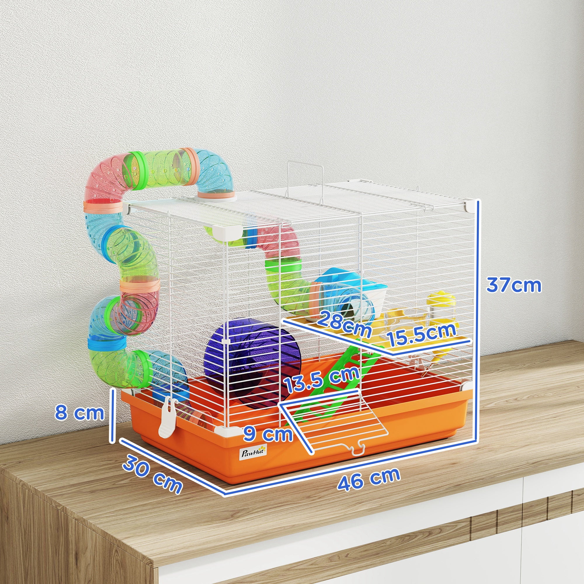 PawHut 2 Tier Hamster Cage, Gerbil Cage with Handle, Exercise Wheels, Tunnel, Water Bottle, Dishes, Ladder, for Dwarf 