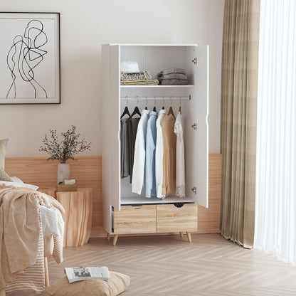 HOMCOM 2-Door Clothes Wardrobe w/ Rail Shelf 2 Drawers Wood Feet Elegant Home Storage Organisation Furniture Dresses Coats Blankets Shoes White 