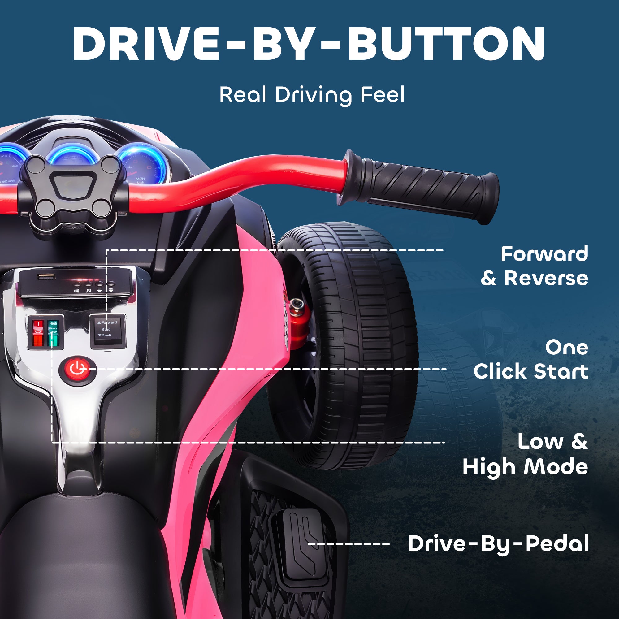 AIYAPLAY 12V Kids Electric Ride On Car with 3 Wheeler, MP3 Player, Horn, 2 Speeds, LED Lights for Boys & Girls Ages 3-8, Pink 