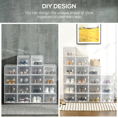 HOMCOM 18PCS Clear Shoe Box, Plastic Stackable Shoe Storage Box for UK/EU Size up to 8.5/43 with Magnetic Door for Women/Men, 25 x 35 x 19cm 