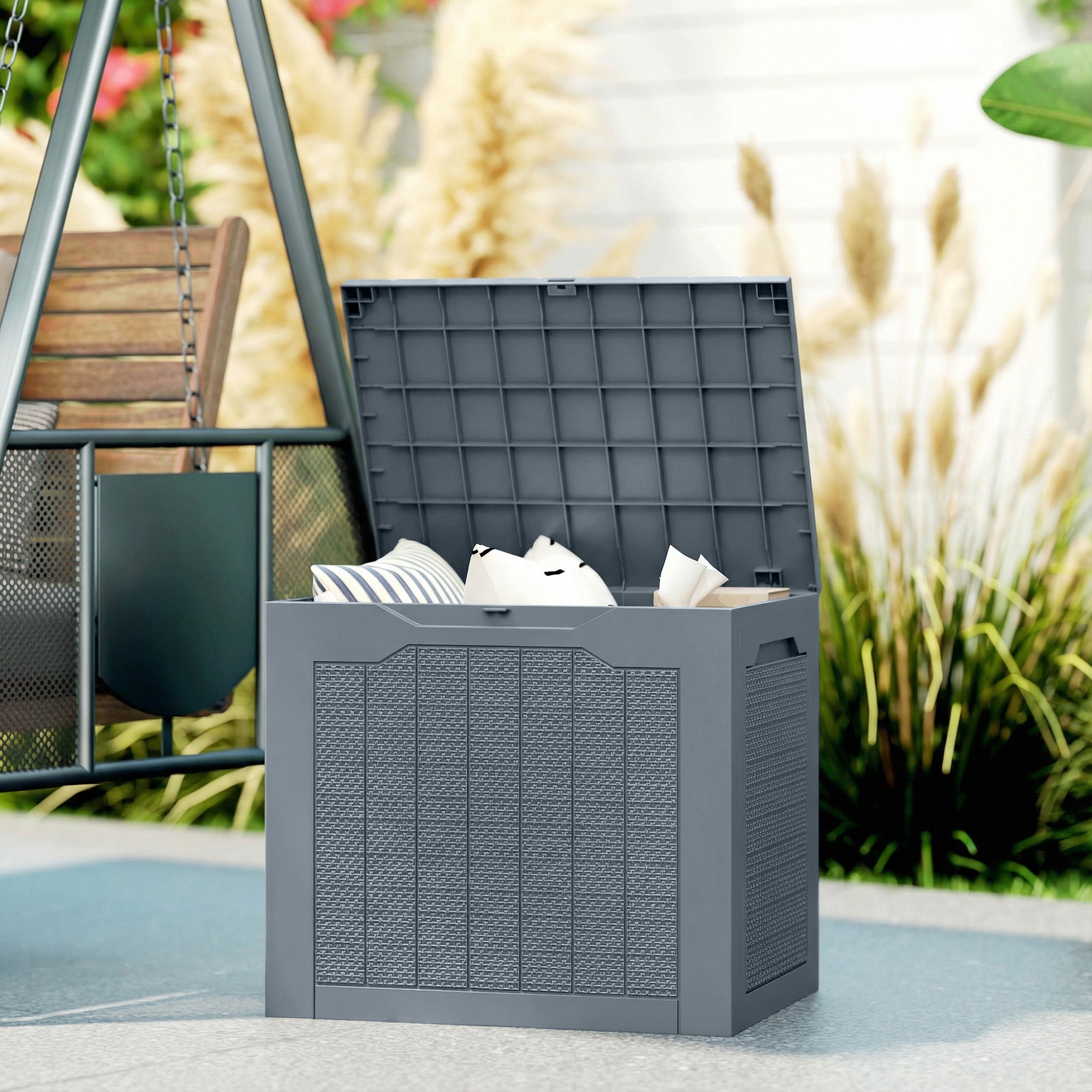 Outsunny 93L Plastic Garden Storage Box, Outdoor Storage Box with Handles, Waterproof Outdoor Storage Container, Light Grey 