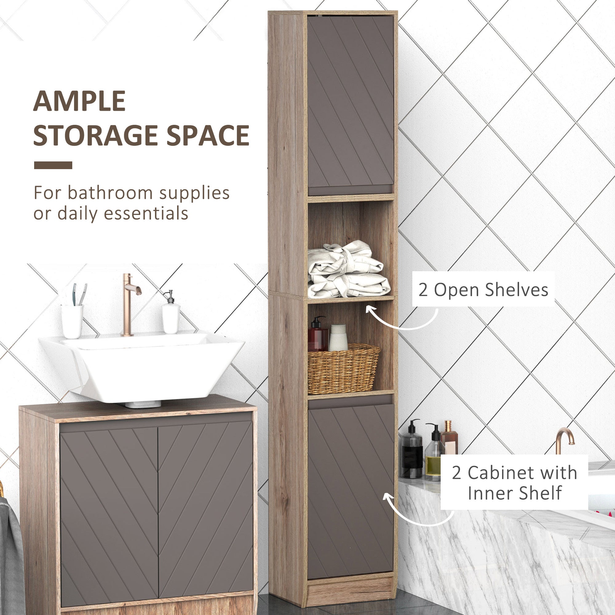 HOMCOM Freestanding Bathroom Storage Cabinet w/ 2 Cupboards 2 Compartments Home Organisation Anti-Tipping Elevated Base 30L x 24W x 170H cm Grey&Brown 