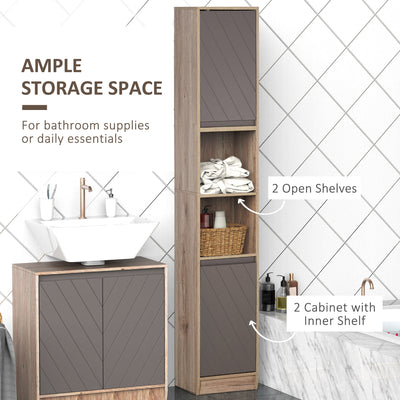 HOMCOM Freestanding Bathroom Storage Cabinet w/ 2 Cupboards 2 Compartments Home Organisation Anti-Tipping Elevated Base 30L x 24W x 170H cm Grey&Brown 