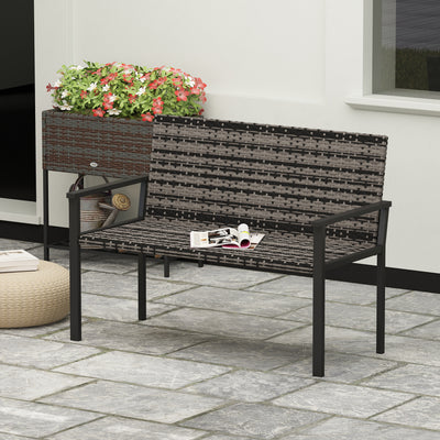 Outsunny 2 Seater Rattan Garden Bench, Outdoor Bench with Quick-Drying Cotton Padding, Wicker Garden Loveseat with Armrests, Steel Frame for Patio, Park, Mixed Grey 