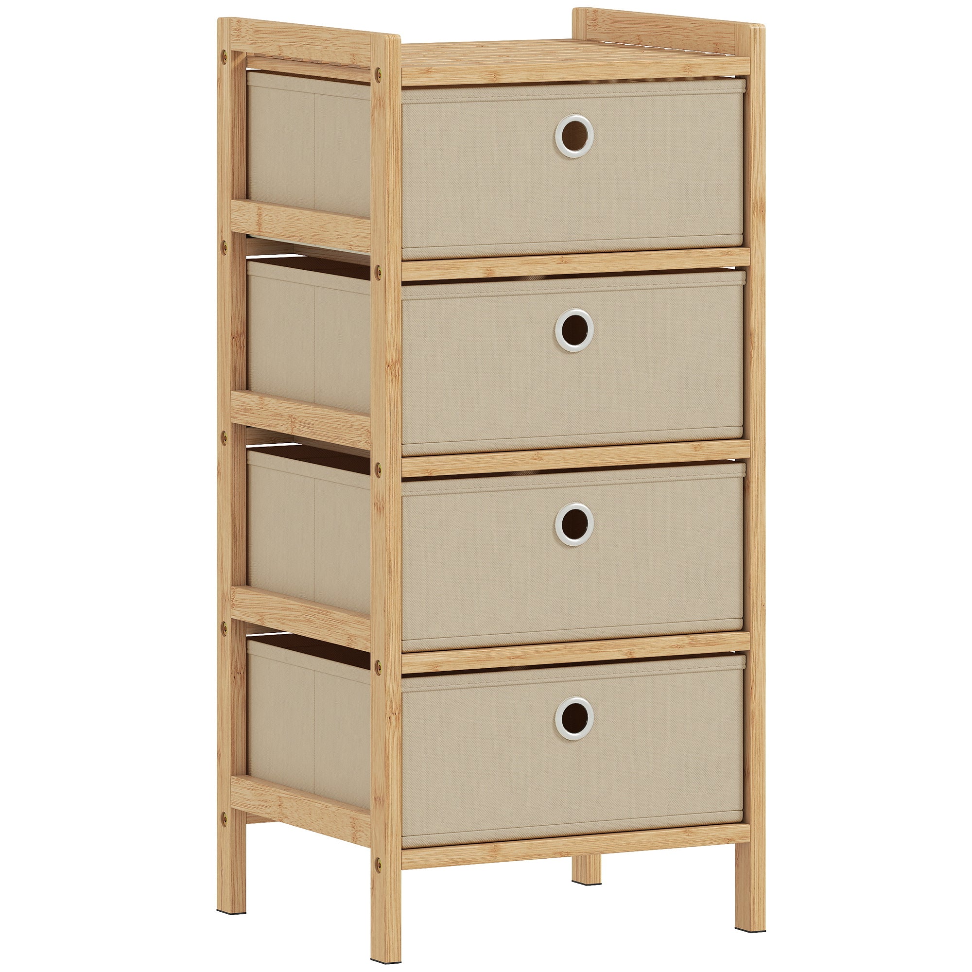 HOMCOM Chest of Drawers, 4 Fabric Drawers Narrow Dresser with Bamboo Frame, Cream White 