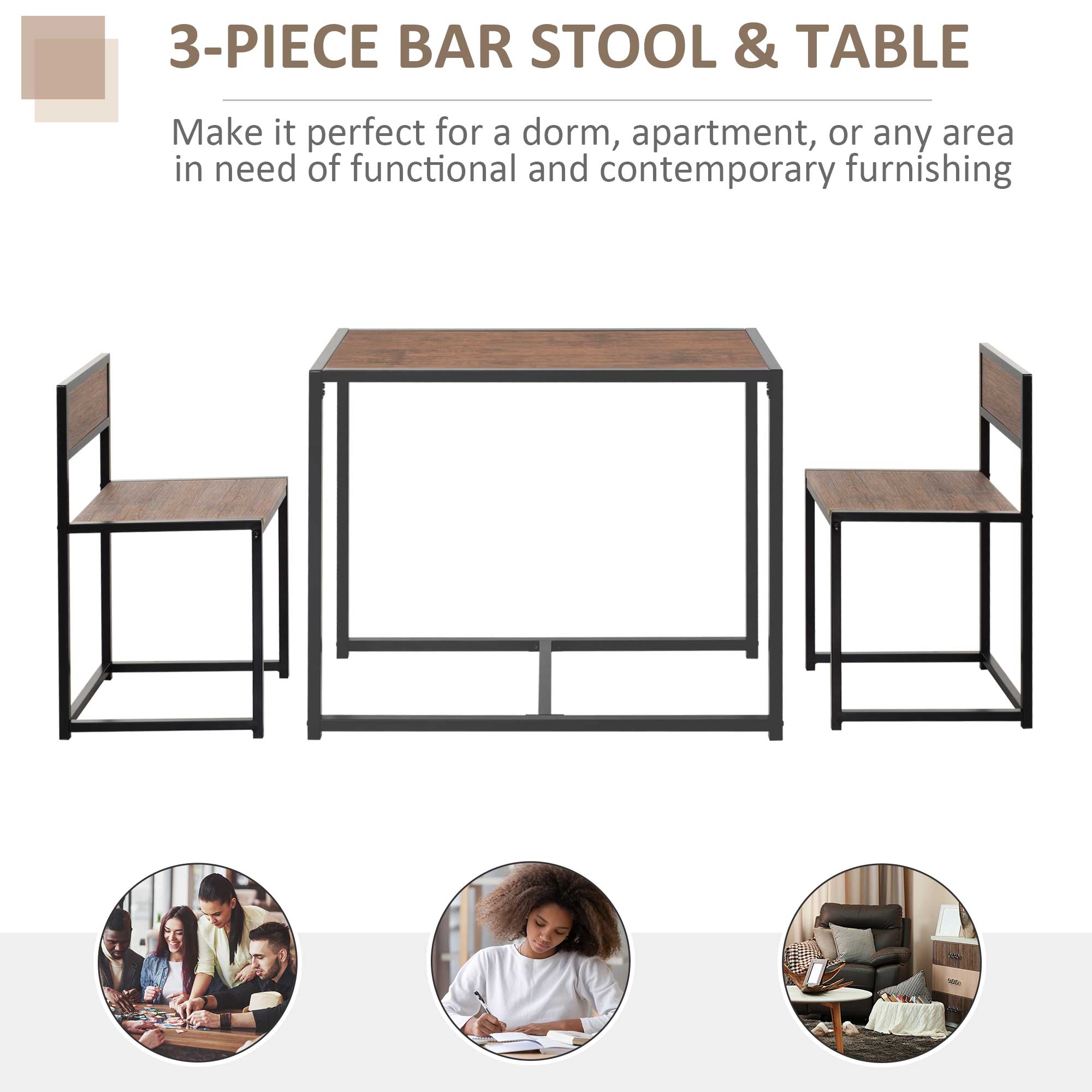 HOMCOM Dining Table and Chairs Set 2, Dining Room Sets, Rectangular Space Saving Table and 2 Chairs for Compact Kitchens, Steel Frame, Natural 